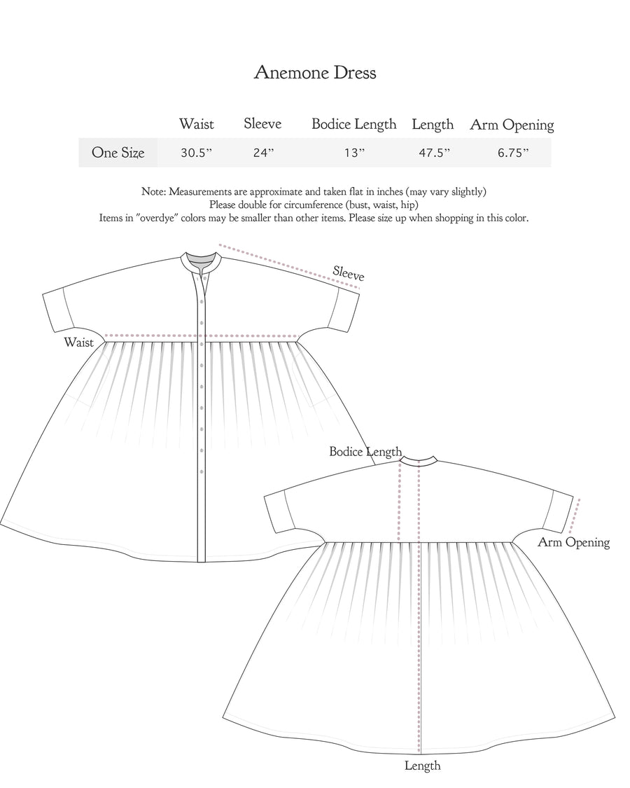 Size chart for Anemone Dress
