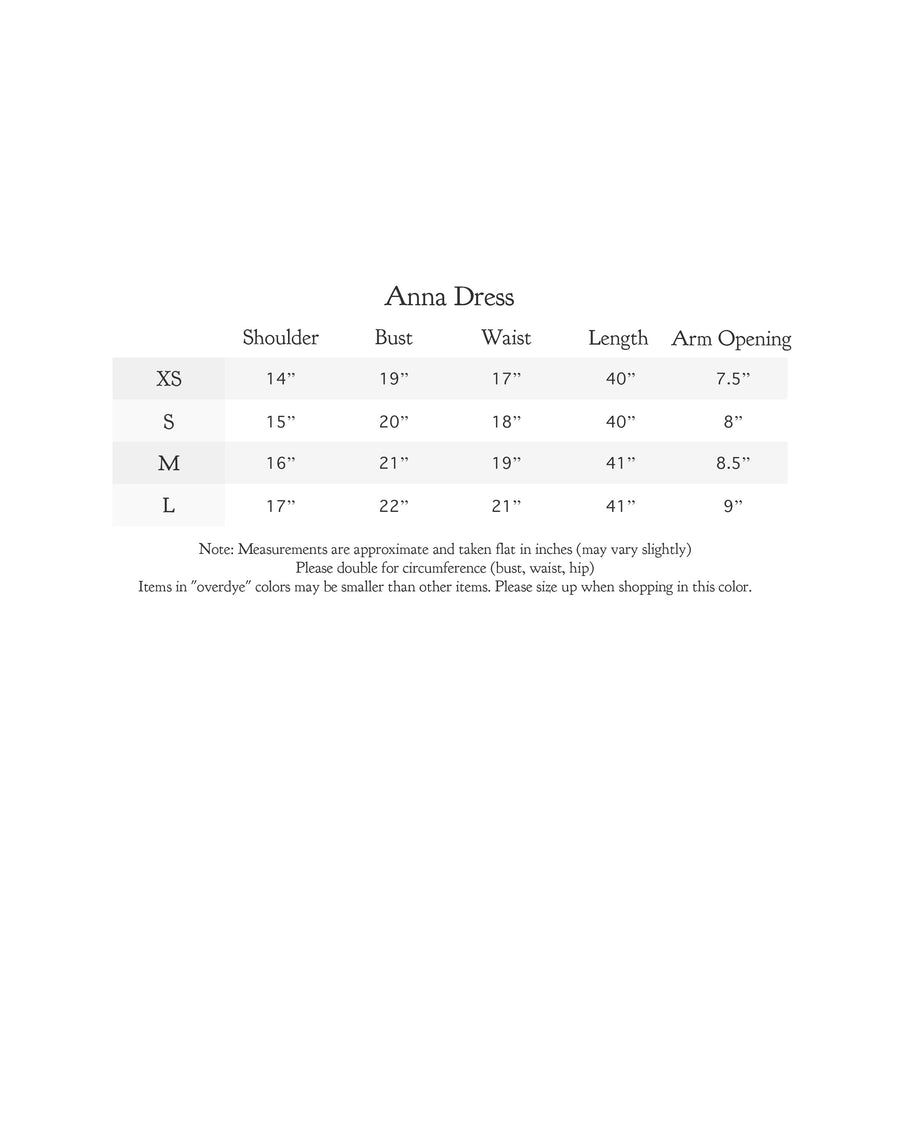 Size chart for Anna Dress