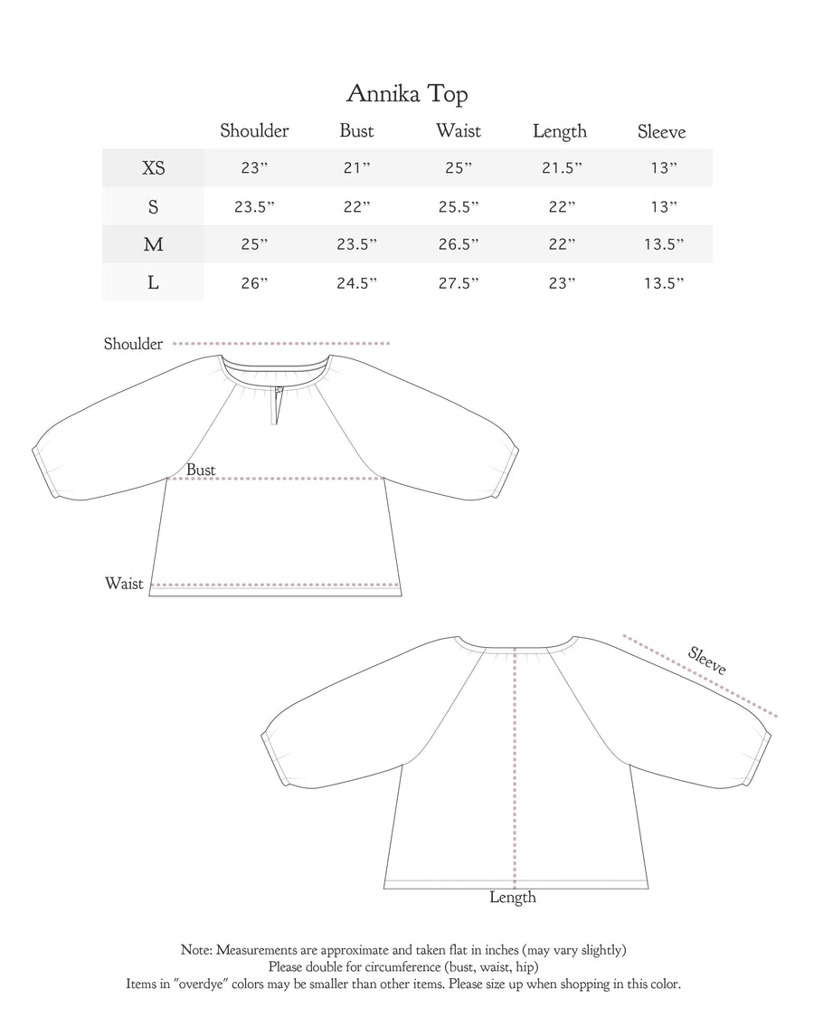 Size chart for Annika Top