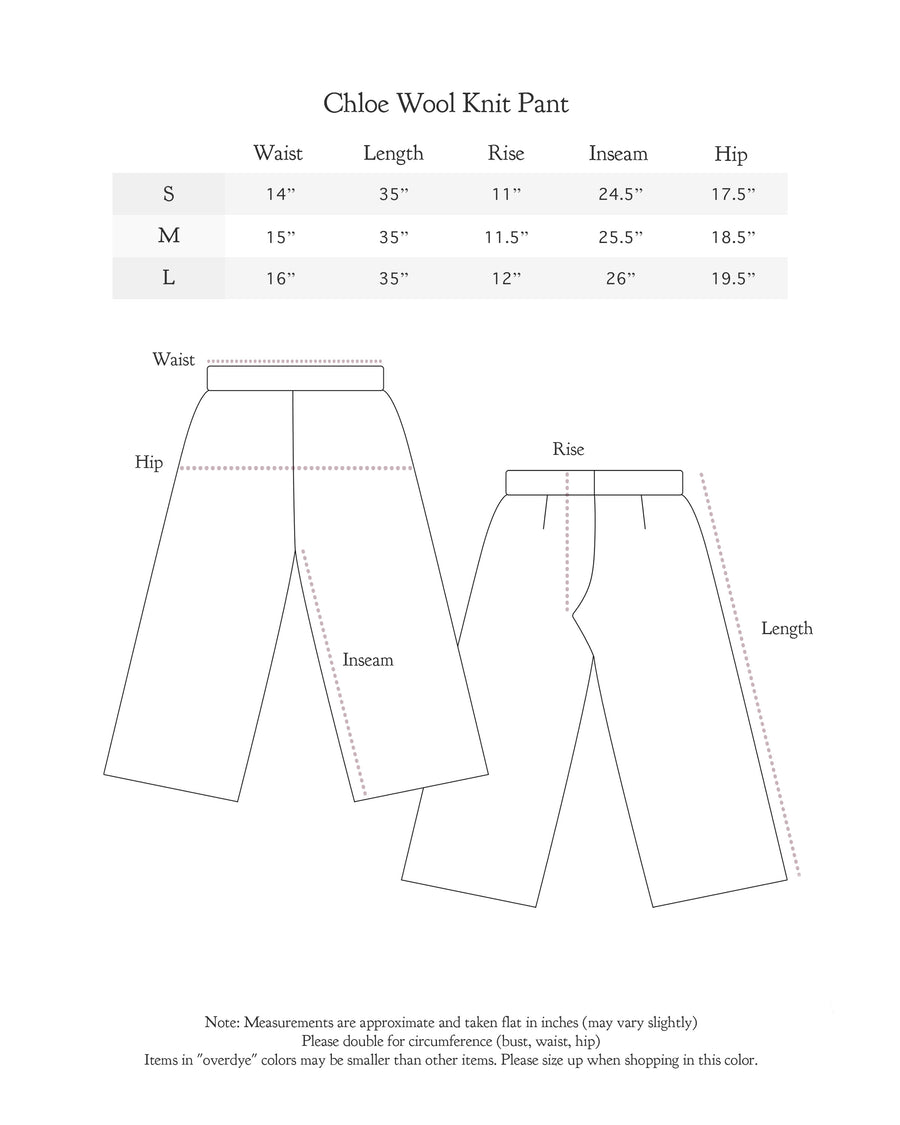 Size chart for Chloe Wool Knit Pant