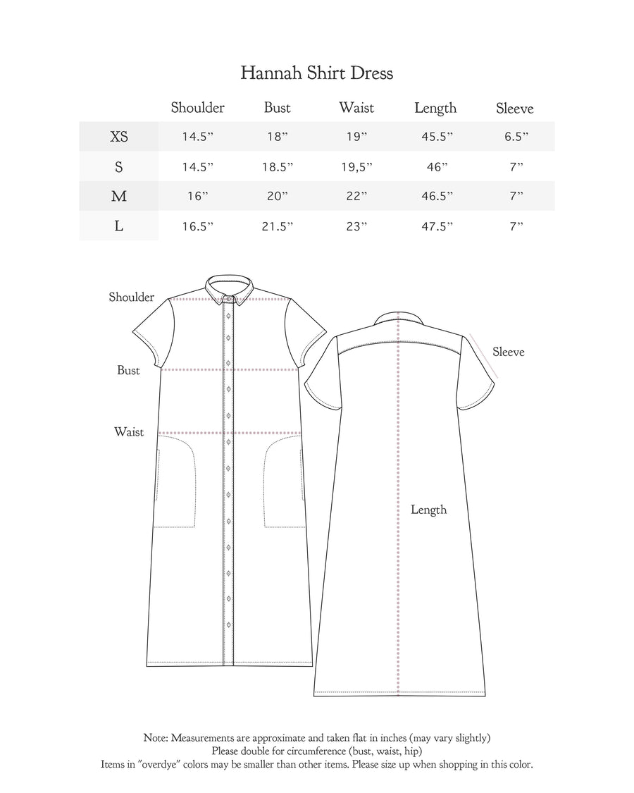 Size chart for Hannah Shirt Dress