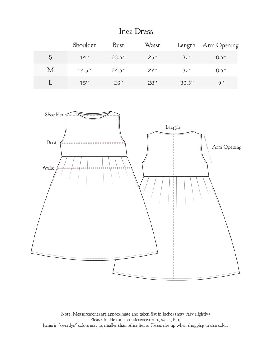Size chart for Inez Dress