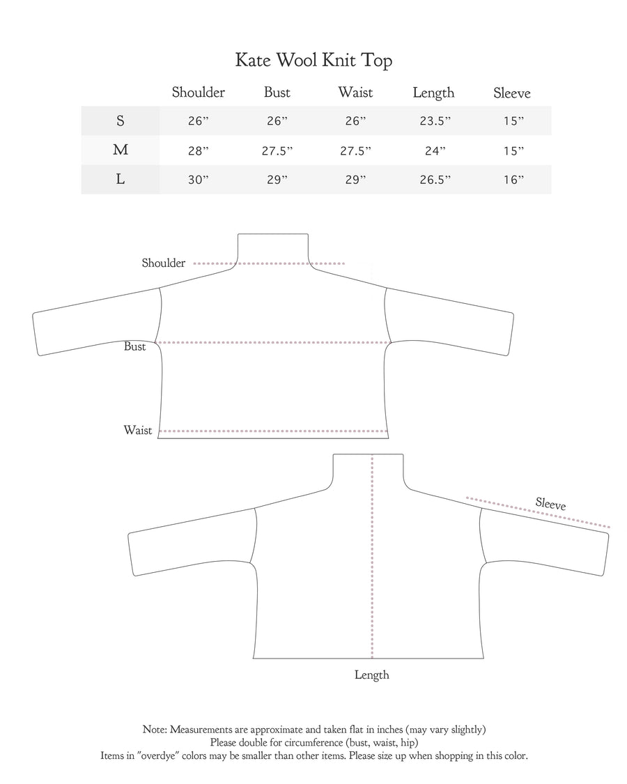 Size chart for Kate Wool Knit Top