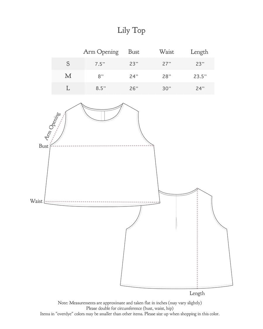 Size chart for Lily Top
