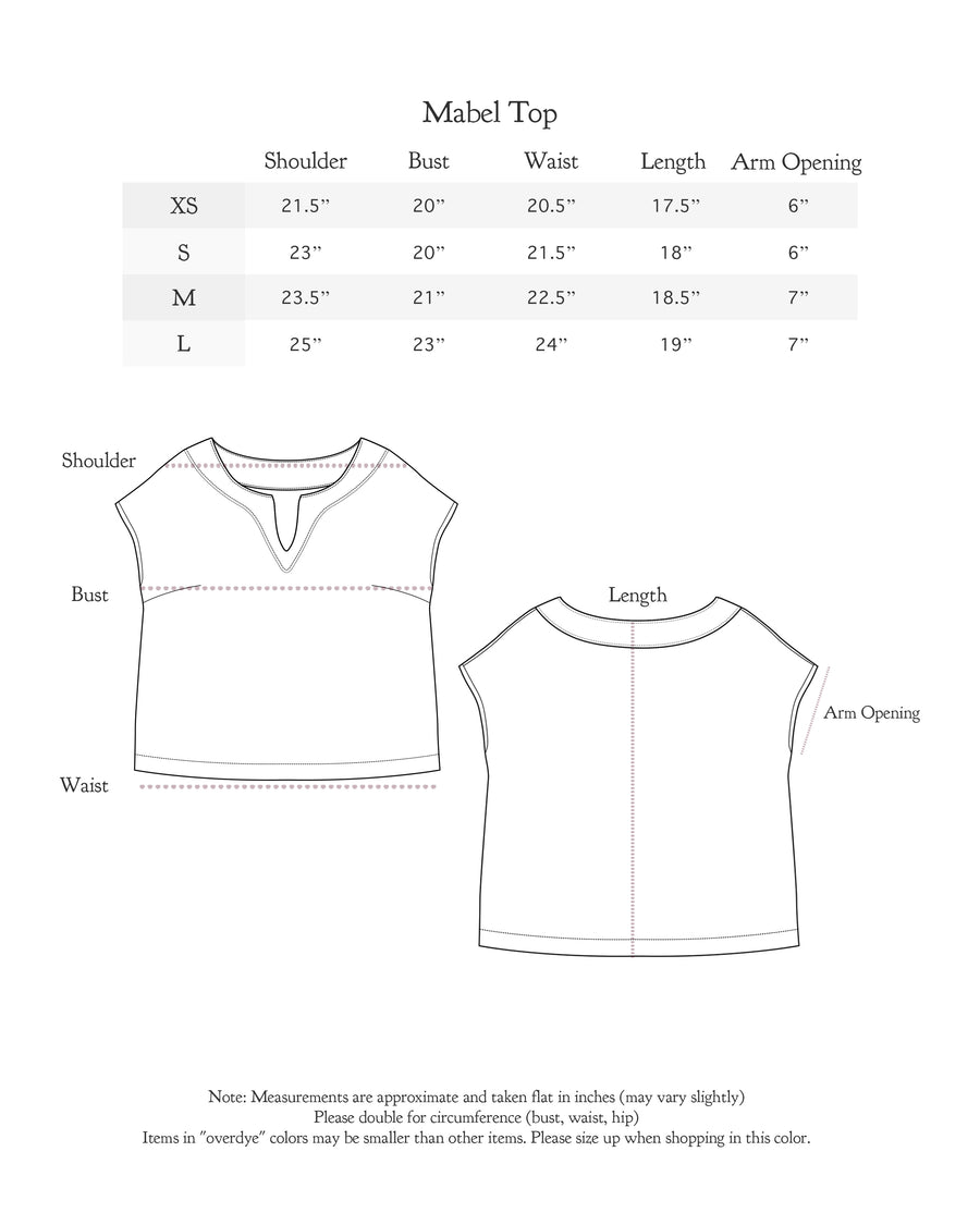 Size chart for Charlotte Top