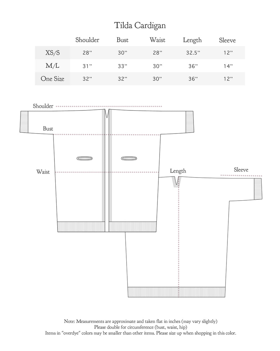 Size chart for Tilda Cardigan